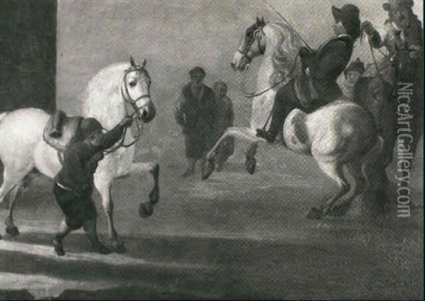 A Riding School With Three Horses Being Schooled Oil Painting - Jan van Huchtenburg
