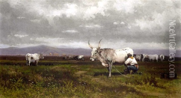 Paisaje Con Ganado (landscape With Cow) Oil Painting - Baldomero Galofre Gimenez