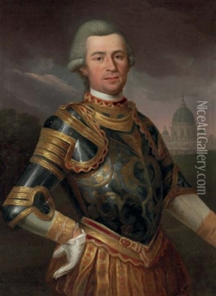 Portrait Of A Gentleman, In Armor, A View Of St. Peter's Beyond Oil Painting - Anton von Maron