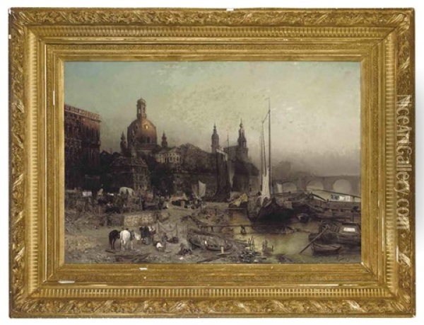 Figures On The Banks Of The Elba Before The Hofhirsch And Frauenkirche, Dresden Oil Painting - Jacques Matthias Schenker