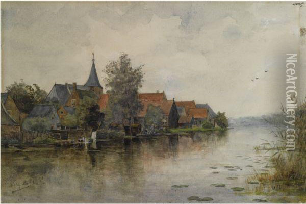 A View Of A Dutch Town Along A River (recto) Oil Painting - Willem Muller