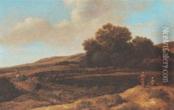 A Dune Landscape With A Horseman On A Path And Women Resting In The Foreground Oil Painting - Pieter De Molijn