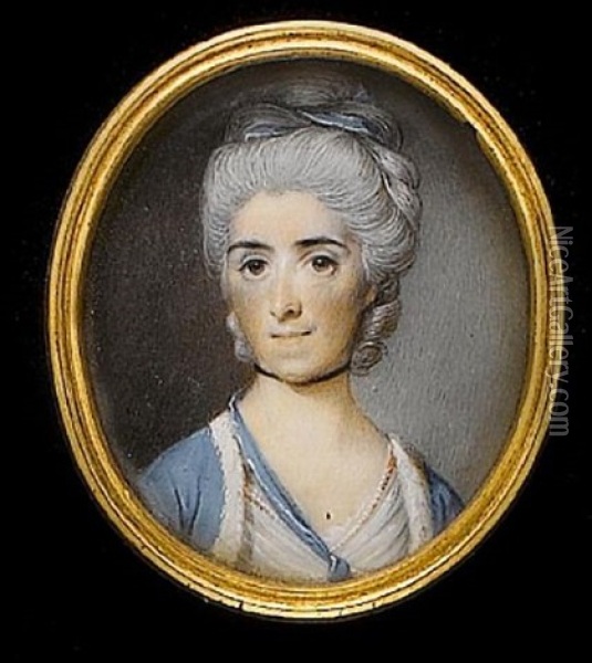 A Lady, Wearing Blue Open Robe With White Fur Trim Over White Chemise, Her Powdered Hair Upswept And Dressed With Blue Ribbon Oil Painting - George Engleheart