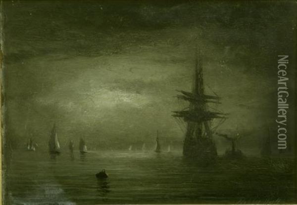 Shipping On A Calm Sea At Night Oil Painting - Adolphus Knell