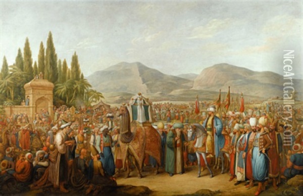 The Arrival Of The Mahmal At An Oasis En Route To Mecca Oil Painting - Georg Emanuel Opitz