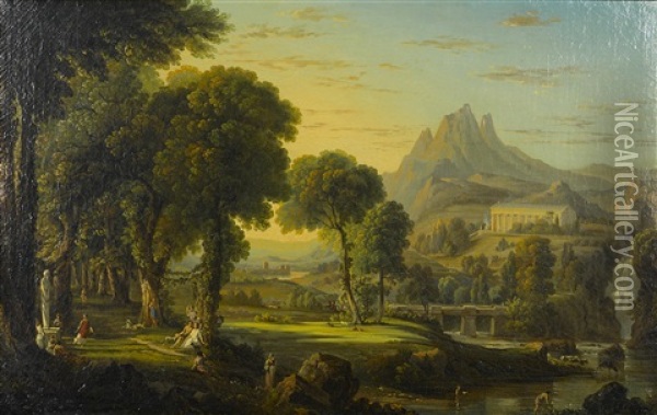 A Classical Landscape With Figures In The Foreground And A Temple In The Distance Oil Painting - George Barret