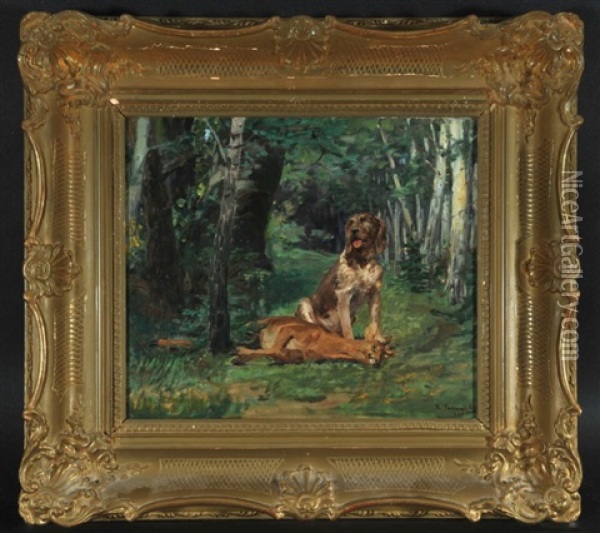 Jagdhund Mit Erlegtem Rehbock Im Wald Oil Painting - Kazimierz Pochwalski