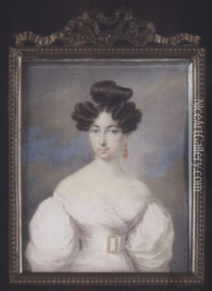 A Young Lady Wearing Decollete White Dress, The Waistband With Gold Buckle And Drop Gold Earrings, Her Hair In Loops And Ringlets Oil Painting - Anton Bayer