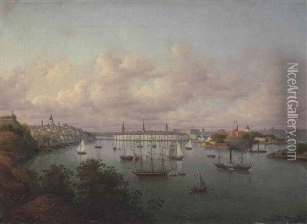 View Of Stockholm Harbor Oil Painting - Oskar Conrad Kleineh