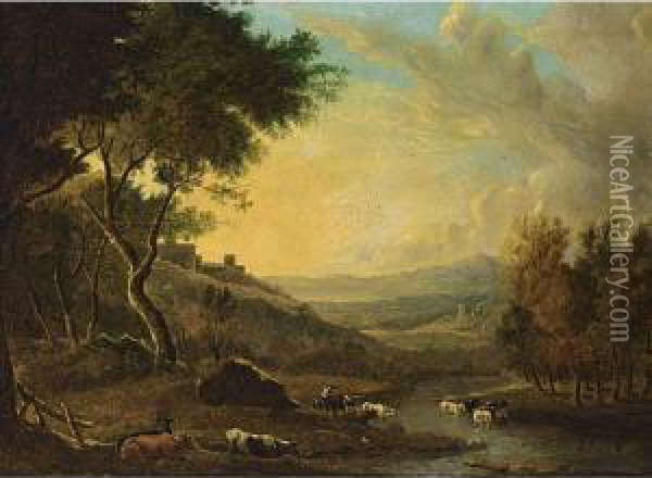 An Extensive Italinate Landscape With Cattle Oil Painting - Hendrik Voogd