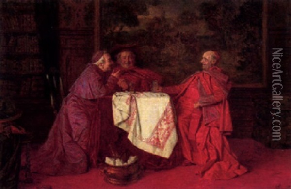 Drei Kardinale Beim Wein In Frohlicher Unterhaltung In Der Klosterbibliothek Oil Painting - Wilhelm Loewith