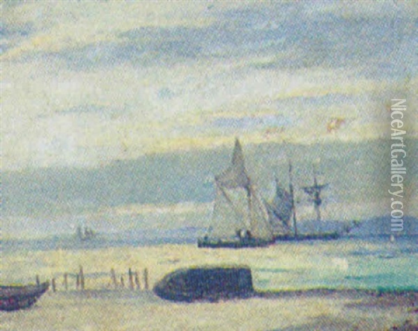 Marine Med Sejlskibe Og Optrukne Joller Pa Stranden Oil Painting - Holger Henrik Herholdt Drachmann