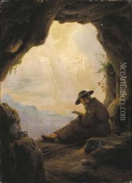 A Hermit Reading In Grotto Overlooking A Mountainous Landscape Oil Painting - Carl Friedrich Lessing