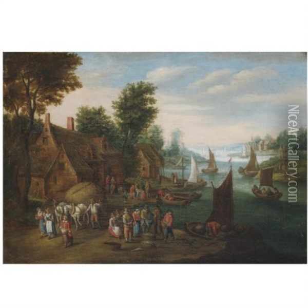A River Landscape With Fisherman Unloading Their Catch Near A Village Oil Painting - Jan Brueghel the Elder
