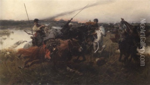 A Cavalry Assault Oil Painting - Jozef Brandt