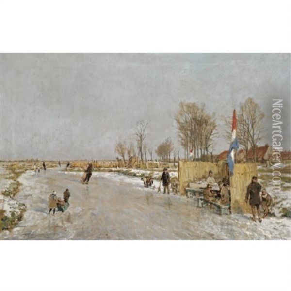 Ijsvreugde Op Holland's Vaarten (winter Fun On A Dutch Canal) Oil Painting - Johan Hendrik van Mastenbroek