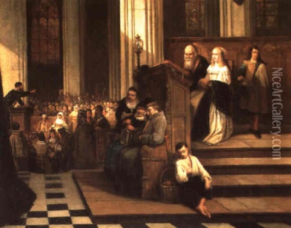 Kerkbinnengezicht Met Personages Oil Painting - Hendrik Jan Augustyn Leys