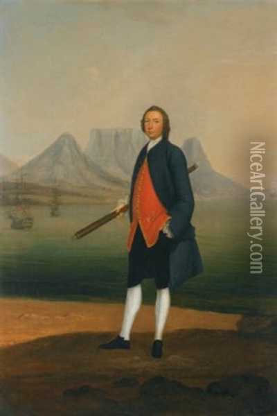 Portrait Of Richard Beard Streatfield Of Copford Lichfield, Staffordshire (1705-1770), With A View Of Table Bay, Cape Town Beyond Oil Painting - Arthur Devis