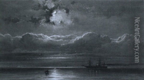 Steamship In Moonlight Oil Painting - James Hamilton