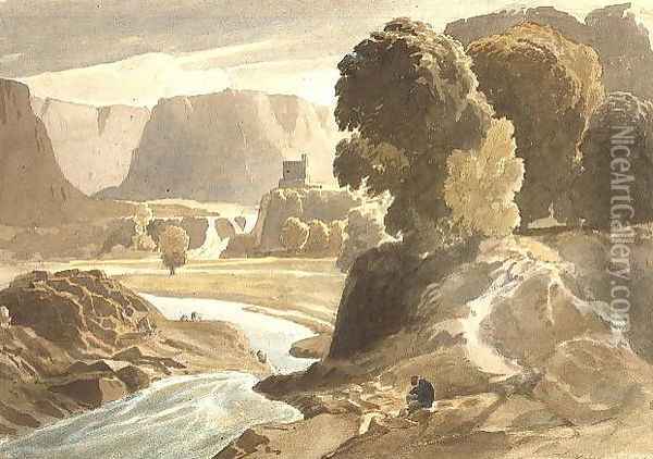 Mountainous landscape with a castle (possibly a view in Wales), c.1802-3 Oil Painting - Cornelius Varley
