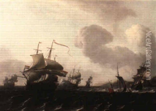 Dutch Men-o'-war, Including A Flagship Firing A Salute Oil Painting - Aernout (Johann Arnold) Smit