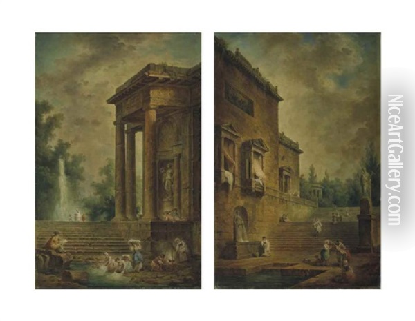 Caprice Architectural Avec Un Jeune Homme Dessinant Des Lavandieres; Caprice Architectural Avec Un Bassin Et Un Puits (2 Works) Oil Painting - Hubert Robert