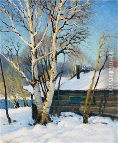 The Birches Lake And Cabin Oil Painting - George Arthur Kulmala