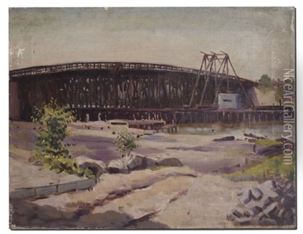 Cottage Farm Bridge (boston University Bridge, Spring Scene) Oil Painting - Kanji Nakamura