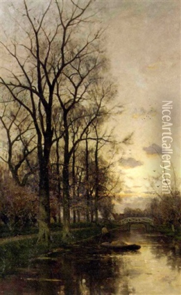 A Rowing Boat On A Canal At Dusk Oil Painting - Fredericus Jacobus Van Rossum Du Chattel