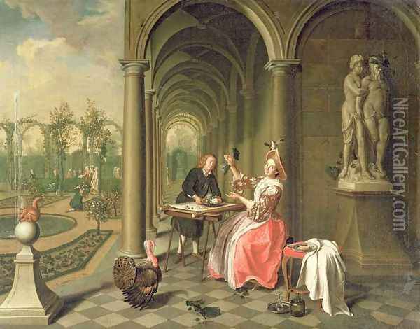 The Colonnade of a Country House with a Lady seated beside a Statue being served a Dish of Fruit Oil Painting - Peter Jacob Horemans