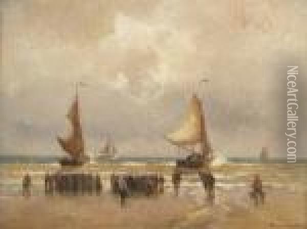 Fischer Und Ihre Frauen Am Strand Bei Den Booten. Oil Painting - German Grobe