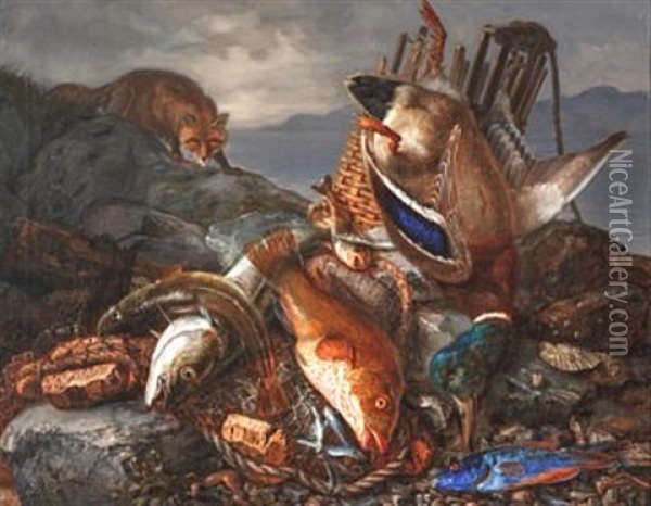 Stilleben Med Fisk Og And Oil Painting - Frants Diderik Boe