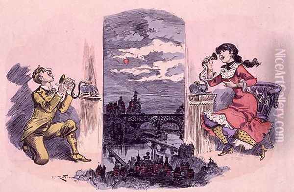 Morality, Tranquility and Happiness - The Telephone Conversation, from The Twentieth Century, 1884 Oil Painting - Albert Robida