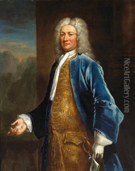 A Portrait Of A Gentleman In A Blue Coat And Gold Brocaded Waistcoat Oil Painting - Joseph Highmore