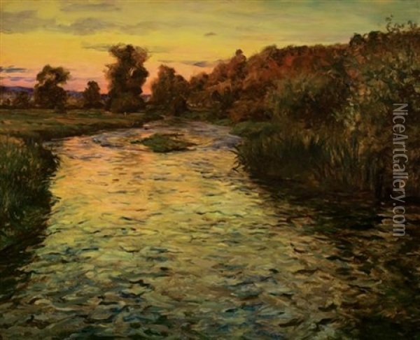 Sunset On The Risle Valley, Normandia Oil Painting - Louis Aston Knight