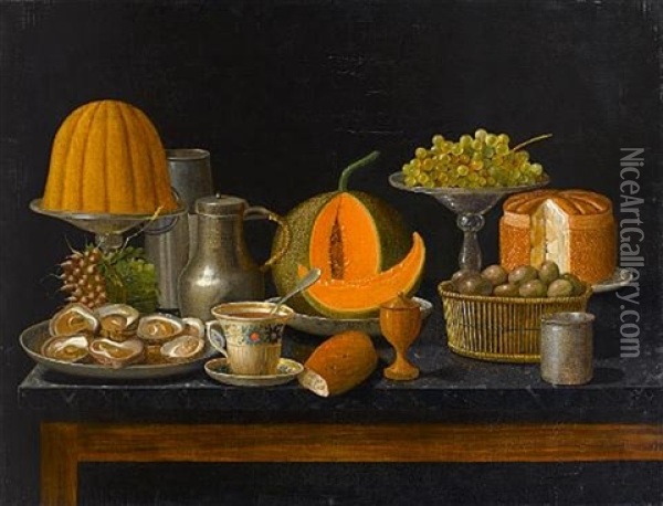 Oysters On A Charger, With Grapes On A Silver Tazza, A Basket Of Eggs With A Bunch Of Radishes, A Bread Roll, A Pewter Jug On A Marble-topped Table Oil Painting - Gabriel-Germain Joncherie