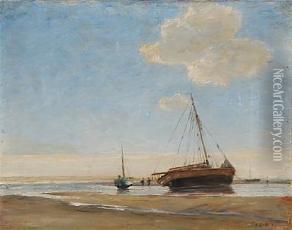 Beach Scene With Fishing Boats Oil Painting - Johan Rohde