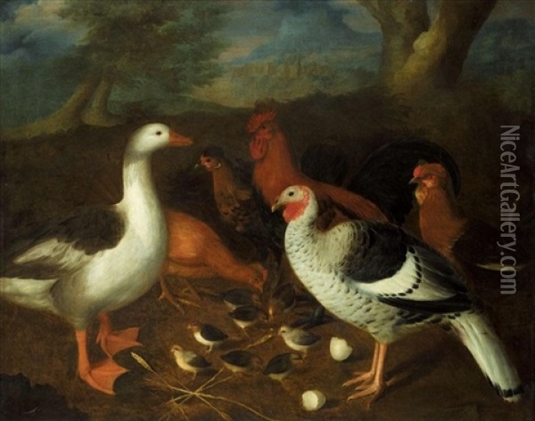 Bantams, A Goose, A Turkey And Chicks In A Landscape Oil Painting - Louis (Lewis) Hubner
