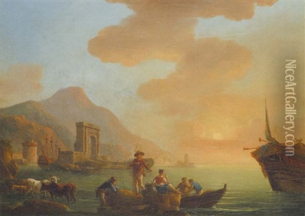 Vue D'un Port Mediterraneen Au Soleil Couchant Oil Painting - Charles Francois Lacroix