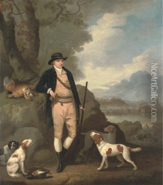 Portrait Of George Farmer Of Witton Manor, Staffordshire, Full-length, With His Dogs, In A Landscape Oil Painting - Moses Haughton the Elder