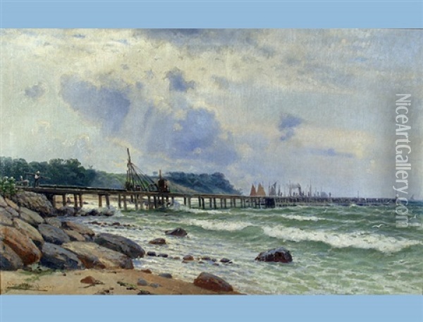 Coast With Sea Bridge And Sunshine Oil Painting - Franz Karl Herpel