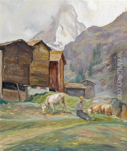 Hirtin Mit Weidenden Kuhen Vor Dem Matterhorn Oil Painting - Hans Widmer