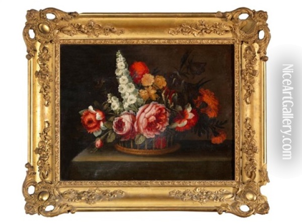 Bouquet De Fleurs Sur Un Entablement (pair) Oil Painting - Antoine Monnoyer