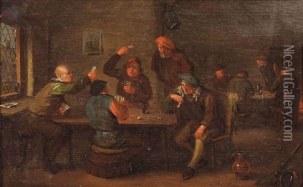 A Tavern Interior With Peasants Playing Cards Oil Painting - Egbert van Heemskerck the Younger