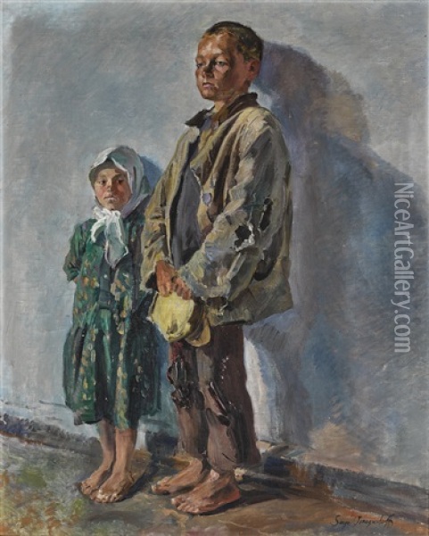 Orphans Oil Painting - Sergei Arsenievich Vinogradov