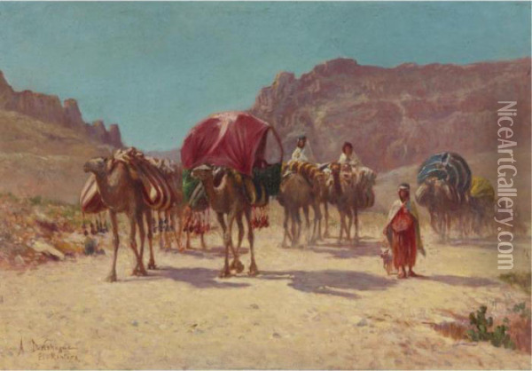 An Algerian Caravan In El Kantara Oil Painting - Alexis-Auguste Delahogue
