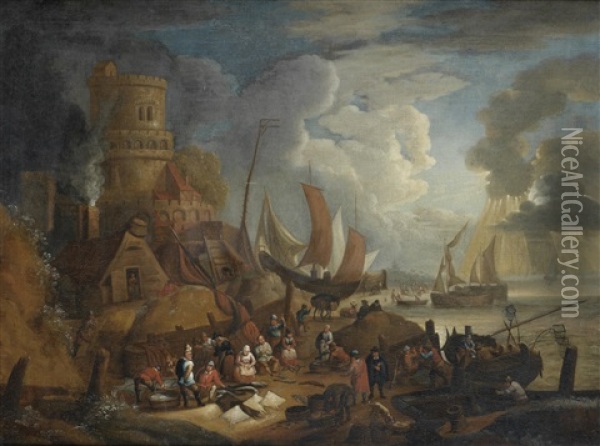 Fishermen In Boats Approaching The Shore With Their Catch, With A Village In The Distance; And A Fishmarket (2 Works) Oil Painting - Lucas Smont the Younger