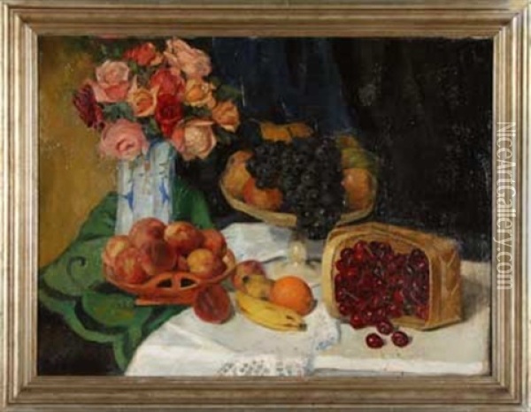 Stillleben Mit Rosen Und Fruchten Oil Painting - Franz Stassen