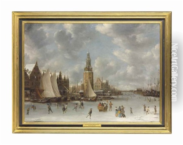 View Of The Munttoren On The Frozen Anstel, Amsterdam, With Figures Skating Oil Painting - Jan Abrahamsz. Beerstraten