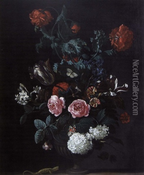 Bouquets De Fleurs Et Lezard Sur Un Entablement Oil Painting - Abraham Jansz. Begeyn